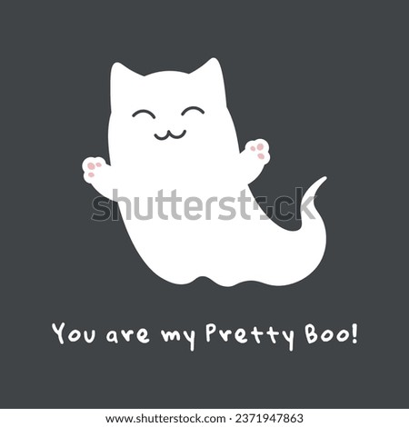 Set of cute ghost cats. Collection of cute flying kittens spirit. Halloween pets. Boo. Cartoon spooky baby character. Vector illustration for greeting card.
