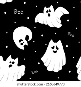 Set of cute ghost cats. seamless pattern of cute flying kittens spirit. Halloween pets. Boo. Cartoon spooky baby character. Vector illustration.