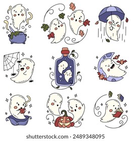 Set of cute ghost characters. Autumn hand drawn illustrations for Halloween
