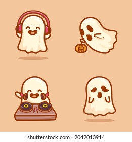 Set of cute ghost characters, flying, using headphone, playing disc jokey and haunting. Cartoon vector