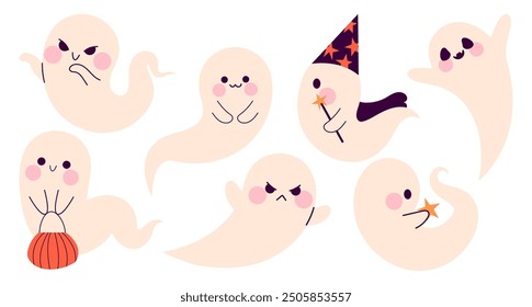 Set of cute ghost characters. Halloween phantom, spirit. Happy holiday, Halloween for kids. Vector illustration in flat style isolated on white background