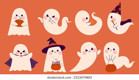 Conjunto de personagens fantasmas bonitos. Fantasma de Halloween, espírito. Feliz feriado, Halloween para crianças. Ilustração vetorial em estilo plano isolada em fundo branco. Dia das Bruxas de Kawai. 31 de outubro de coleção.