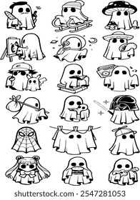 set of cute ghost characters with outlined style
