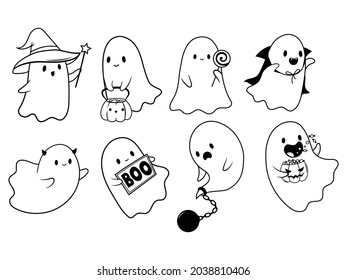 Un juego de fantasmas lindos. Colección de dulce espíritu volador con balde de calabaza, velas, cuernos del diablo, sombrero de bruja, Símbolo de Halloween. Boo. Caricatura que asusta al personaje de bebé. Ilustración vectorial para tarjeta de felicitación.