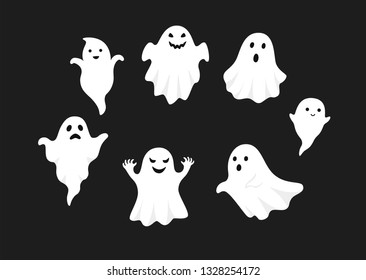 set of cute ghost creation kit, changeable face, flat design vector for halloween