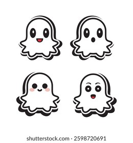 set of cute ghost creation kit, flat design vector for halloween, cute ghost vector, sticker, clipart, in white background