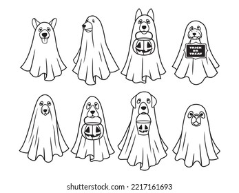 Set of cute ghost dogs. Collection of cute flying puppy spirit. Halloween pets. Boo. Cartoon spooky baby character. Vector illustration for greeting card. 