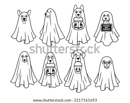 Set of cute ghost dogs. Collection of cute flying puppy spirit. Halloween pets. Boo. Cartoon spooky baby character. Vector illustration for greeting card. 