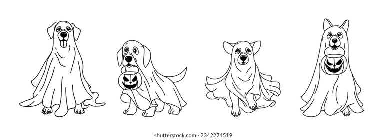 Set cute ghost dogs  Halloween pets  Cartoon spooky baby character  Vector illustration 