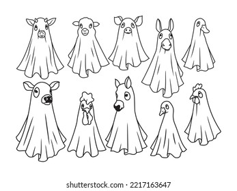 Set cute ghost farm animals  Collection cute livestock pet spirit  Halloween pets  Boo  Spooky character  Funny costumes  Vector illustration for greeting card 