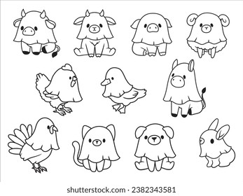 Conjunto de lindos animales fantasmas de granja. Colección de animales de compañía. Mascotas de Halloween. Boo. Carácter espeluznante. Disfraces divertidos. Ilustración vectorial para tarjeta de felicitación.