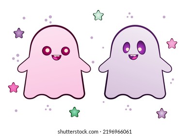 A set with a cute ghost. Purple and pink color. Symbols of a happy Halloween holiday. Vector illustration