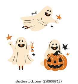 Set of cute ghost stickers for Halloween celebration, flat style illustration