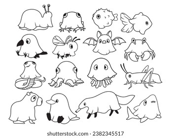 Set of cute ghost of wild animals. Collection of cute forest pets spirit. Halloween insect. Boo. Spooky character. Funny costumes. Vector illustration for greeting card.