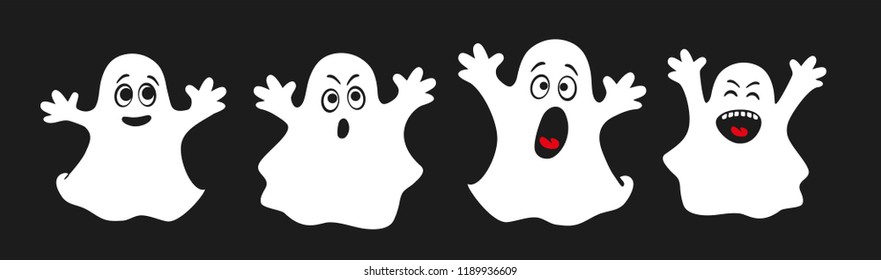Set of cute ghosts, apparition, spook, horror. Poster for happy Halloween. Isolated cartoon illustration for print or sticker. Scary fairy. Card for friends or family. Ghost shadow funny. Vector. 