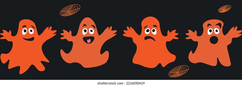 Set of cute ghosts, apparition, spook, horror. Poster for happy Halloween. Isolated cartoon illustration for print or sticker. Scary fairy. Vector illustration of a ghost haunting.
