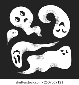 Set of cute ghosts. Black and white funny ghosts with various emotions. Vector isolated illustrations with noise texture. For Halloween, cards, stickers, prints, fabrics, events.