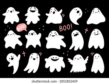 Set with cute ghosts in a cute cartoon doodle style. Halloween ghost characters. Vector illustration isolated on background.