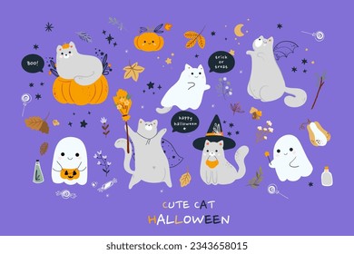 Set of cute ghosts and cats. Happy Halloween. Childish scary and smiling creepy characters. Great for your design, postcard, poster, kids room, logo, print. Isolated flat vector illustration