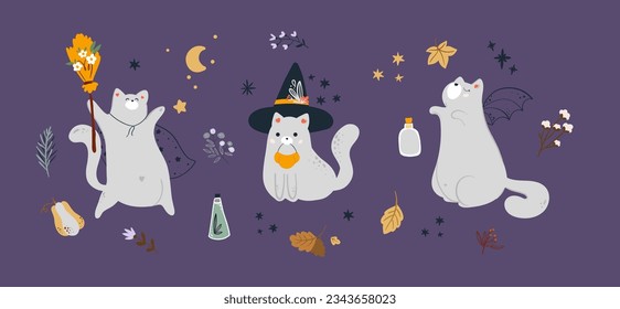 Set of cute ghosts and cats. Happy Halloween. Childish scary and smiling creepy characters. Great for your design, postcard, poster, kids room, logo, print. Isolated flat vector illustration