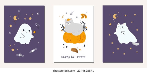 Set of cute ghosts and cats with pumpkins. Happy Halloween. Childish scary and smiling creepy characters.