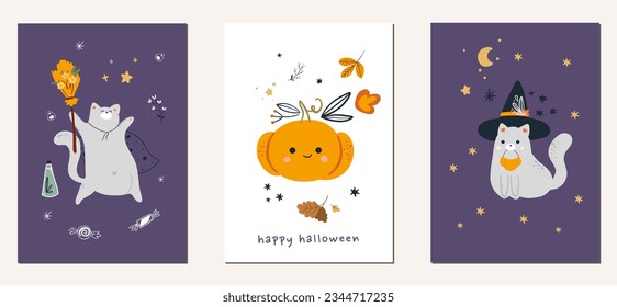 Set of cute ghosts and cats with pumpkins. Happy Halloween. Childish scary and smiling creepy characters.