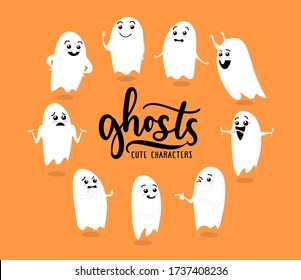 Set of cute ghosts characters with inscription vector illustration. Halloween funny monsters with different face expressions flat design. Isolated on orange background