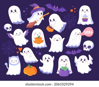 Juego de fantasmas lindos. Coloridos stickers con espíritus, calabazas, murciélagos y telaraña. Personajes aterradores para los niños. Elementos de diseño para Halloween. Colección vectorial plana de dibujos animados aislada sobre fondo morado