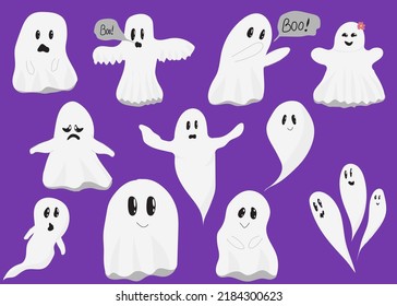 Set of cute ghosts. Creepy halloween ghosts, smiling ghost and scary ghost character with Boo face, fun vector cartoon isolated icon set