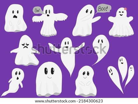 Set of cute ghosts. Creepy halloween ghosts, smiling ghost and scary ghost character with Boo face, fun vector cartoon isolated icon set