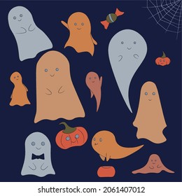 Set of cute ghosts of different colors for Halloween on a blue background, beautiful childish illustration. Pumpkins, ghosts, candy and spider webs.