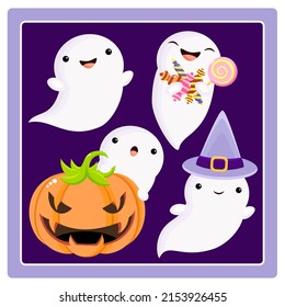 Set of cute ghosts with different emotions in kawaii style. Halloween Collection of little ghosts with candy, pumpkin, in hat. Vector illustration EPS8