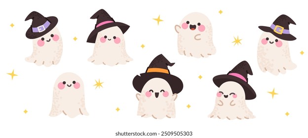 Set of cute ghosts with different emotions and wearing a witch's hat surrounded by stars, isolated on a white background