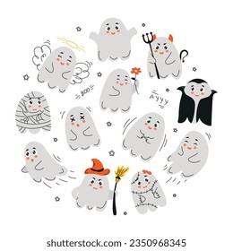 set of cute ghosts, doodle halloween, ghost, cute ghost, doodle ghost, halloween ghost 