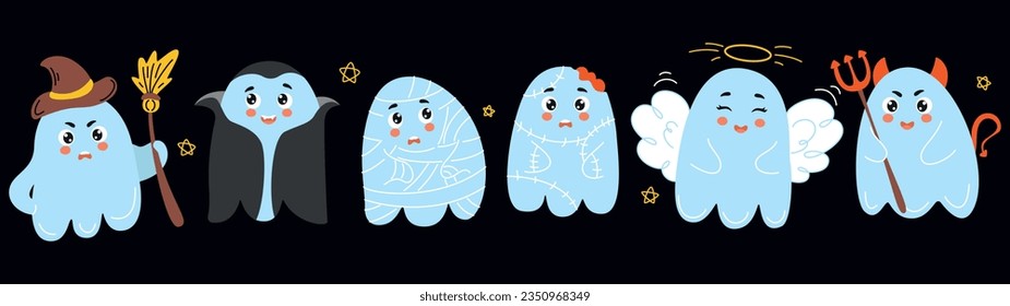set of cute ghosts, doodle halloween, ghost, cute ghost, doodle ghost, halloween ghost 