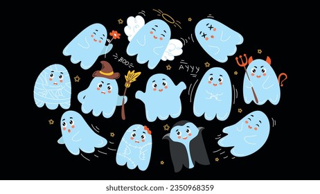 set of cute ghosts, doodle halloween, ghost, cute ghost, doodle ghost, halloween ghost 