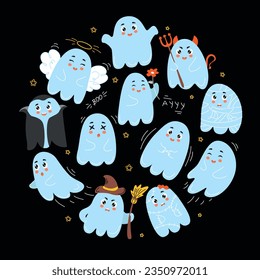 set of cute ghosts, doodle halloween, ghost, cute ghost, doodle ghost, halloween ghost