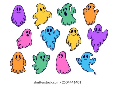 Set of cute ghosts in doodle style.