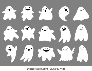 Set of cute ghosts in flat cute cartoon doodle style. Halloween ghost characters. Vector illustration isolated on background.