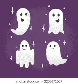 Set cute ghosts Halloween freehand graphic, concept wax crayon art, and vector 