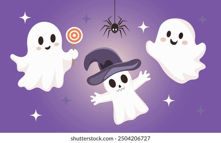 Un conjunto de lindos fantasmas. Vacaciones de Halloween. El fantasma sostiene una piruleta en la mano.