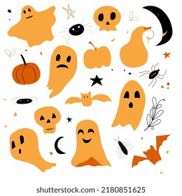 set of cute ghosts for halloween. Skulls, pumpkins, ghosts doodle style