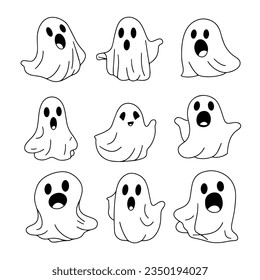 Set of cute ghosts in hand drawn in doodle style. Outline ghosts. Collection of ghosts as Halloween decoration. Vector illustration.