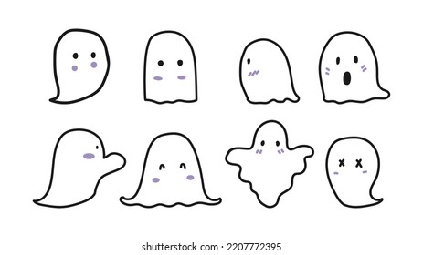 Set of cute ghosts in hand-drawn different style on white background. Halloween ghost. Ghost vector design for Halloween day. Vector illustration.