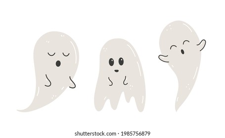 Set of cute ghosts isolated on white background. Funny scary characters.Vector hand-drawn illustration in cartoon flat style. Perfect for cards, invitations, Halloween designs, decorations.