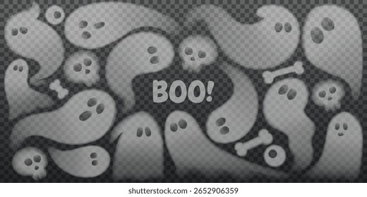 Conjunto de fantasmas bonitos isolados no fundo quadriculado. Coleção de fantasmas transparentes para decoração de halloween. Ilustração vetorial de poltergeists ou fantasmas assustadores 3d. Conjunto de espíritos bonitos ou fantasmas.