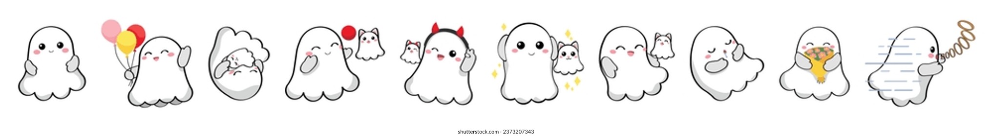 Set of cute ghosts on white background