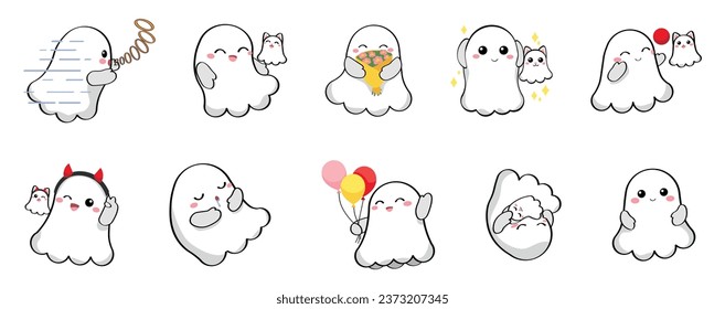 Set of cute ghosts on white background