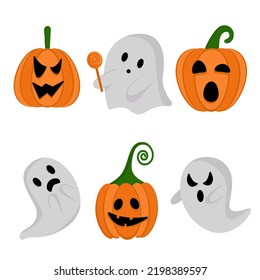 Set of cute ghosts and pumpkins for Halloween. Vector flat set of elements for Halloween.