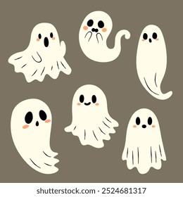 Conjunto de fantasmas bonitos. Silhuetas fantasmas assustadoras e engraçadas. Decorações tradicionais de Halloween. Ilustração vetorial.